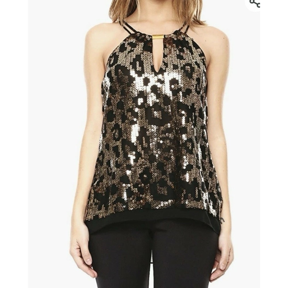 NWOT Vintage Guess Women Large Black Gold Sequin Halter Top Festival Party Glam